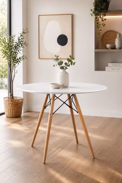 Fusion Living Soho White Circular Dining Table with Beech Wood Legs