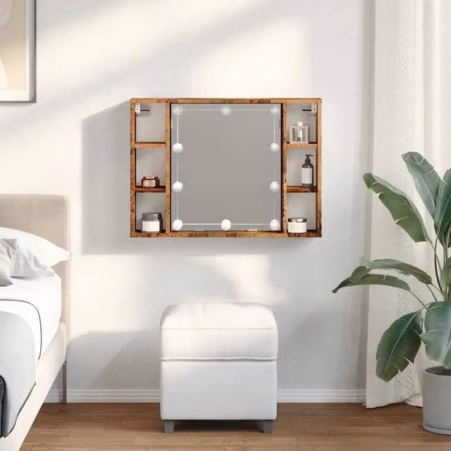 Berkfield Home LED Mirror Cabinet in Brown Old Wood, W/D/H: 76 x 15 x 55 cm – 1