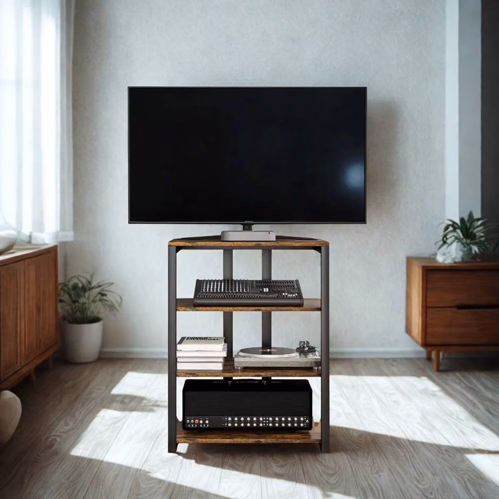 FURNOS Industrial 4 Tier Small TV Stand Unit with Storage Shelves in Brown, W: 79.0 cm, D: 60.0 cm, H: 60.5 cm – 4