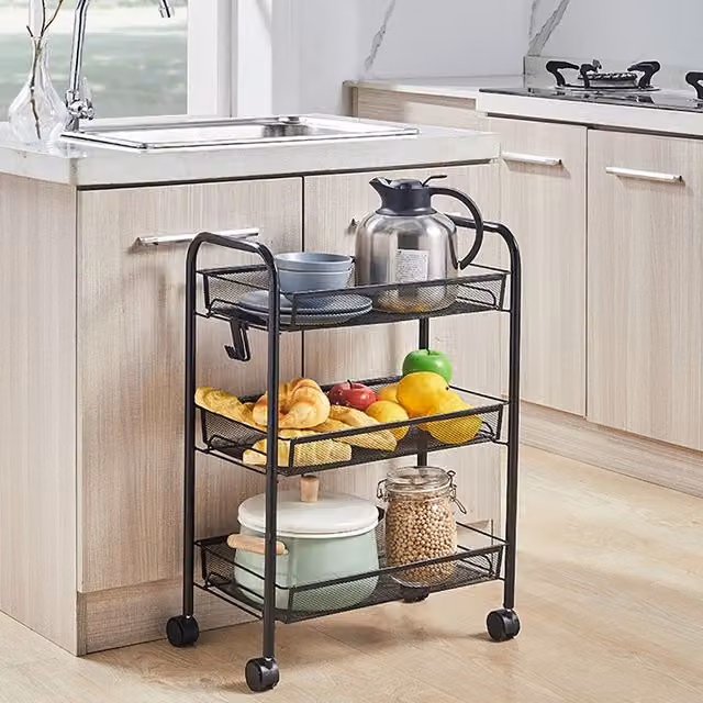 Xample 3 Tier Freestanding Metal Storage Trolley Cart with Wheels in Matt Black – 1