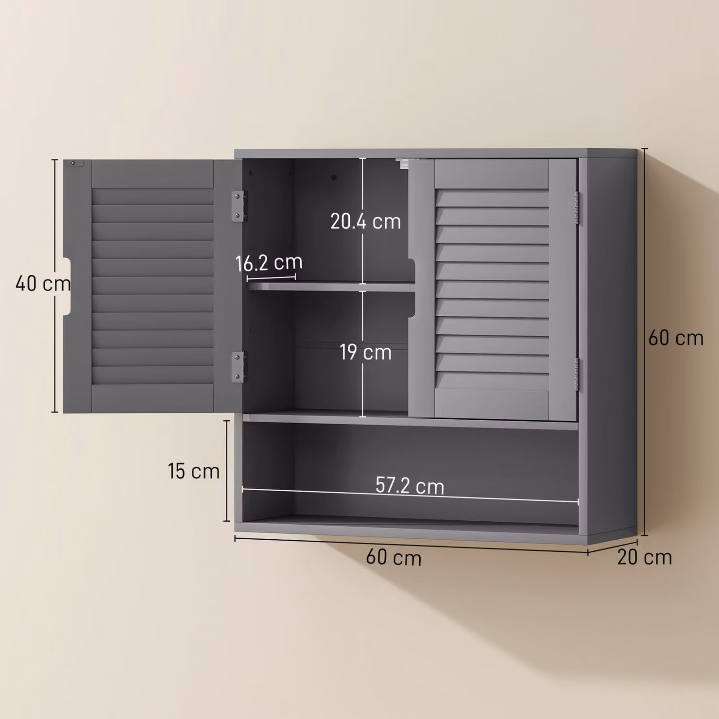 HOMCOM Grey Wall Mounted Bathroom Cabinet with Soft Close Hinged Doors and Internal Shelves, W: 60 cm, D: 20 cm, H: 60 cm – 2