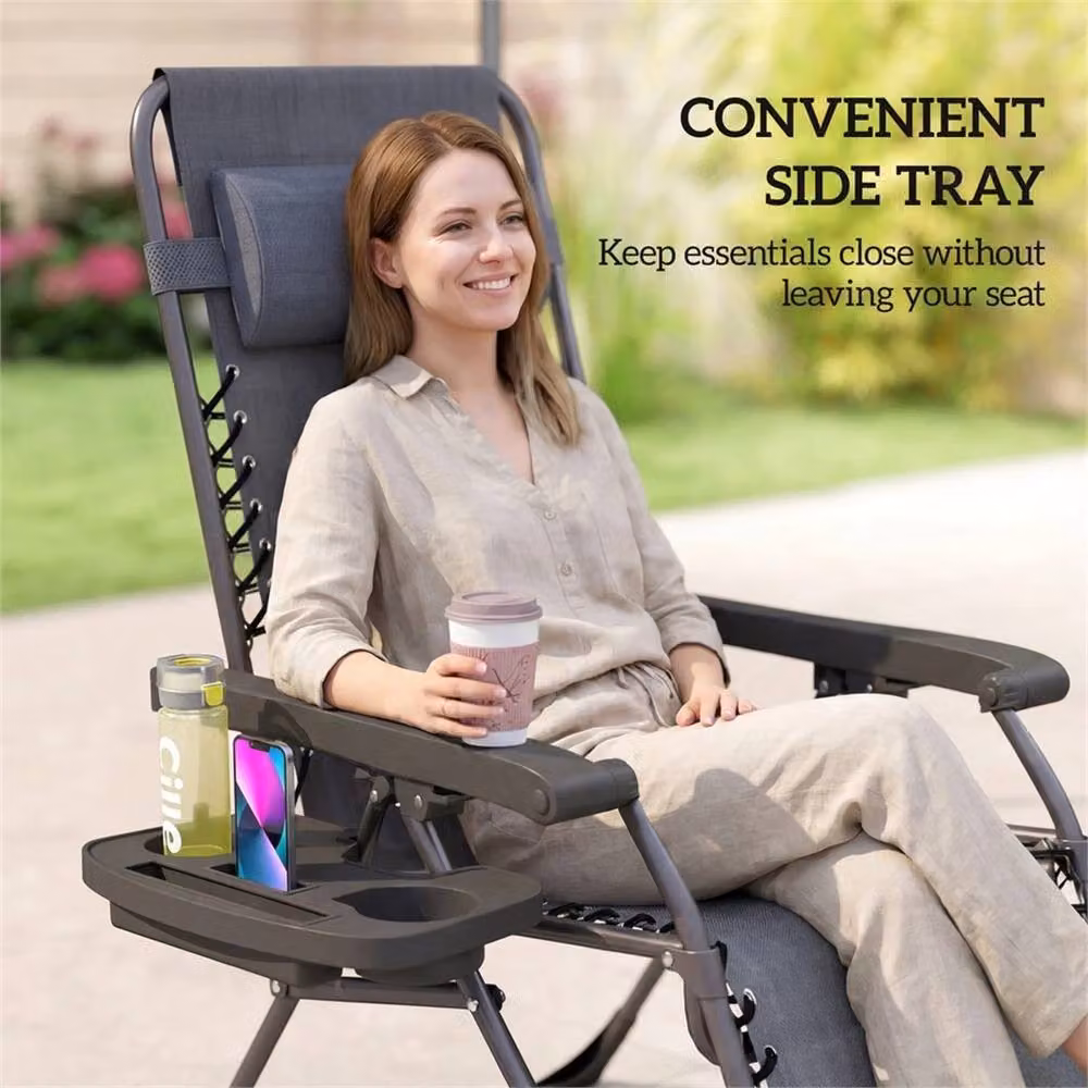SPETLEK Set of 2 Grey Zero Gravity Recliner Chairs with Adjustable Headrest and Side Tray – 5