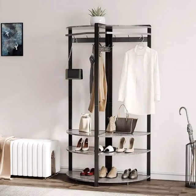 VOGREX 4-Tier Corner Coat Rack and Shoe Storage in Black