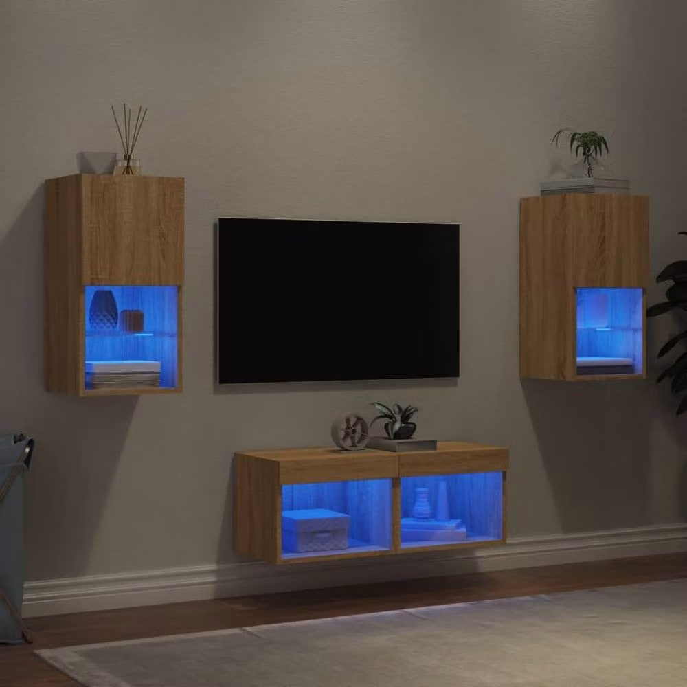 Berkfield Home 4 Piece Modern Wall Mounted TV Cabinet Set with Integrated LED Lighting in Sonoma Oak Brown – 1