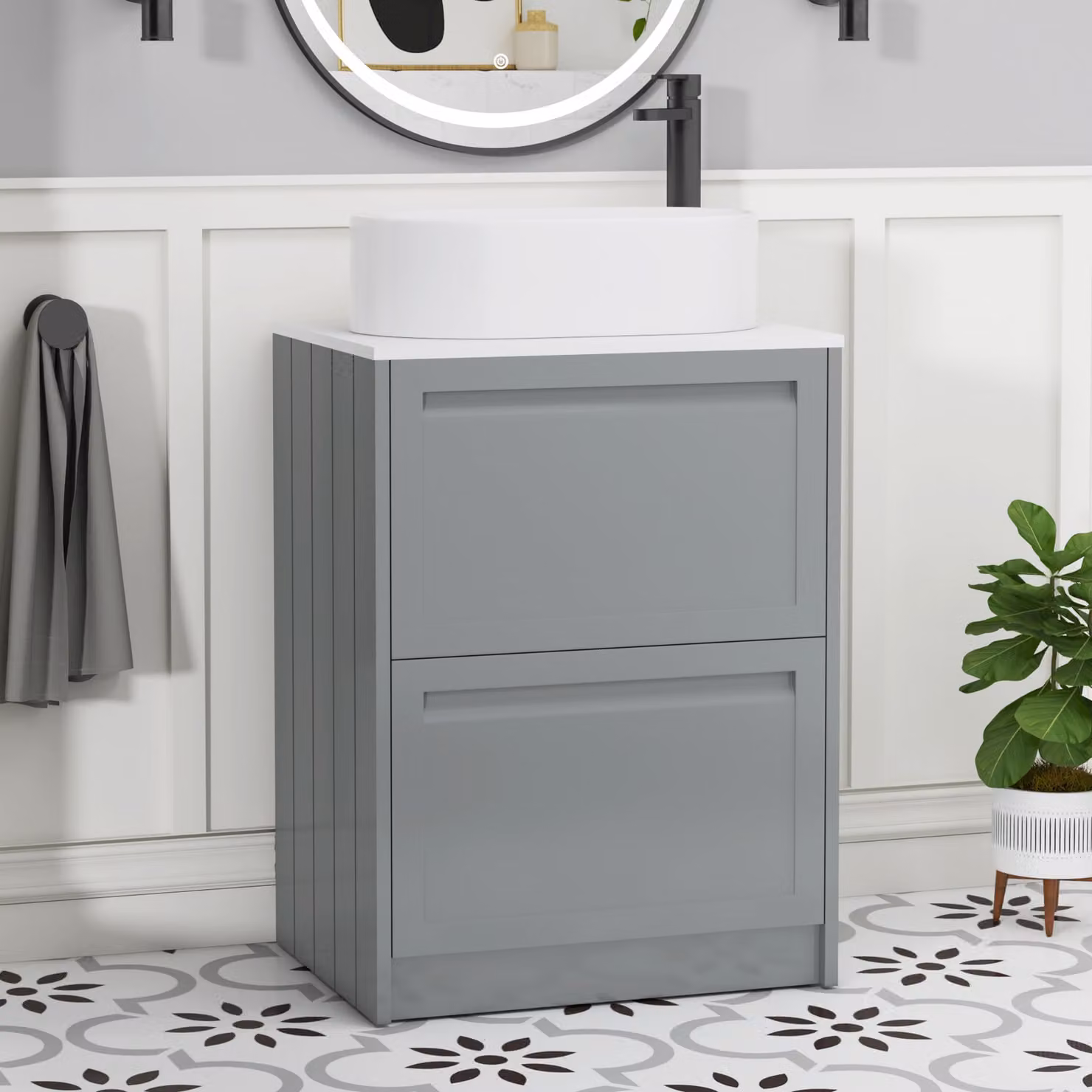 Royal Bathrooms Elmore 600mm Floor Standing Vanity Unit in Matt Pebble Grey with 2 Drawers, Plain White Worktop and Peak Basin