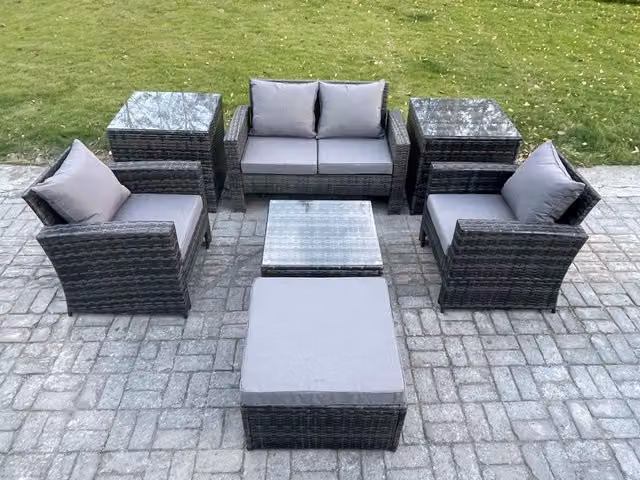 Fimous 5 Seater Rattan Garden Furniture Set in Dark Grey with High Back Sofa, Square Coffee Table and Ottoman