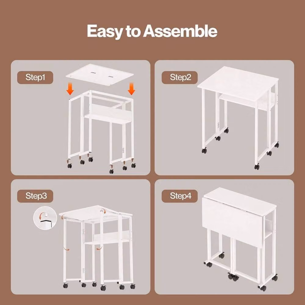 Kelvenix Extendable Folding Computer Desk with Storage Shelf in White – 2