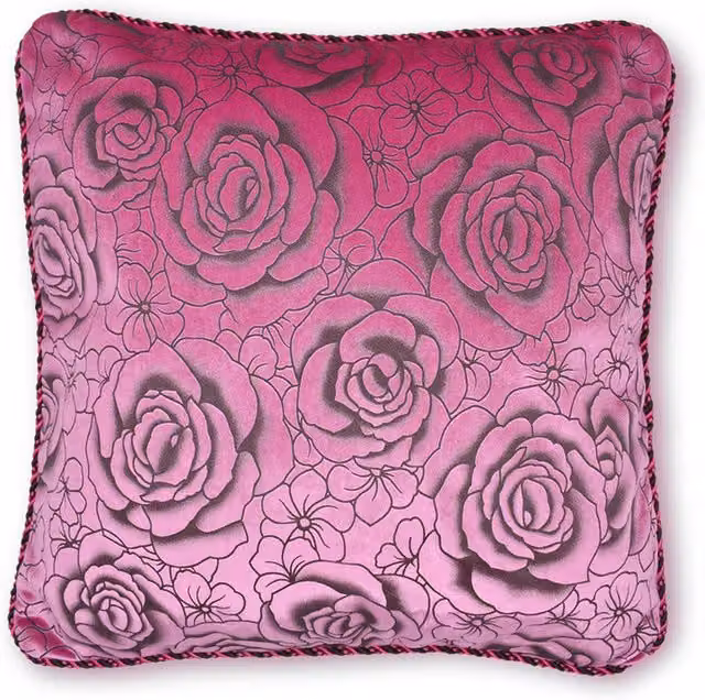 Intimates Pink Flock Rose Velvet Square Cushion