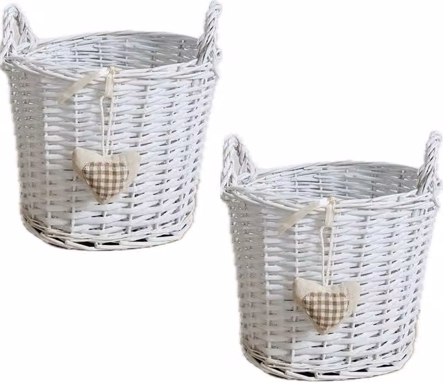 Topfurnishing White Shabby Chic Oval Rattan Basket, Stackable, Width: 24 cm, Pack of 2