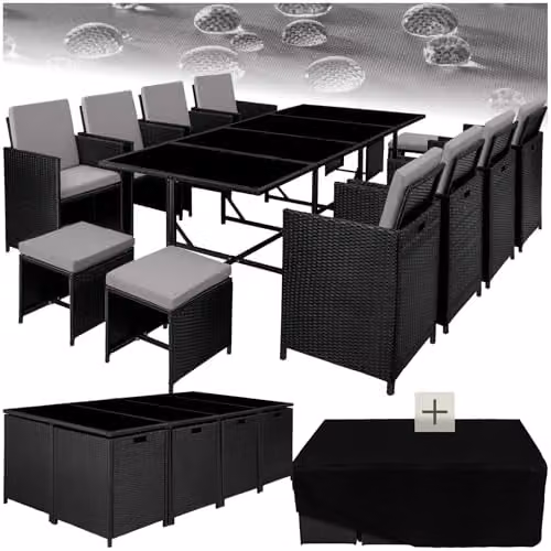 tectake Polyrattan Garden Furniture Set in Black and Grey, Including 8 Dining Chairs, 1 Table, 4 Stools and a Matching Ottoman for Up to 12 People