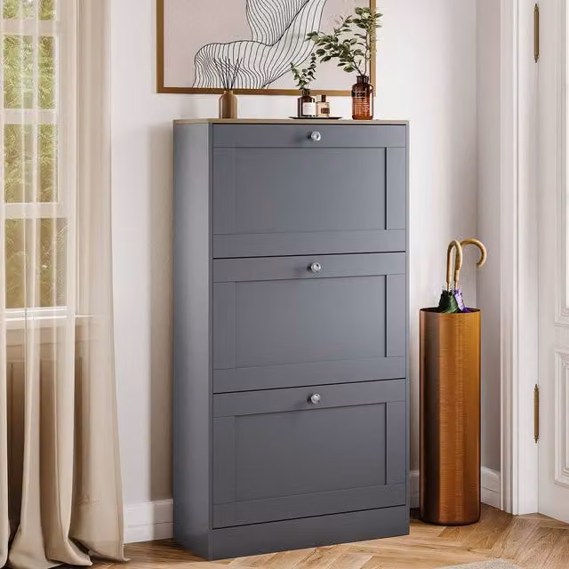 HD Designs Modern Grey 3 Drawer Shoe Cabinet with Tilting Compartments and LED Lighting