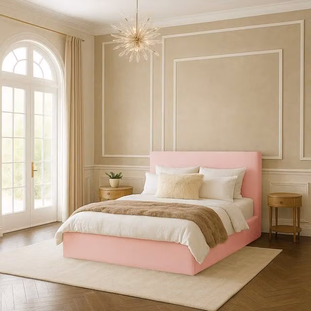 Desire Deco Modern Plain Upholstered Bed Frame in Pink, W/D/H: 120 x 200 cm