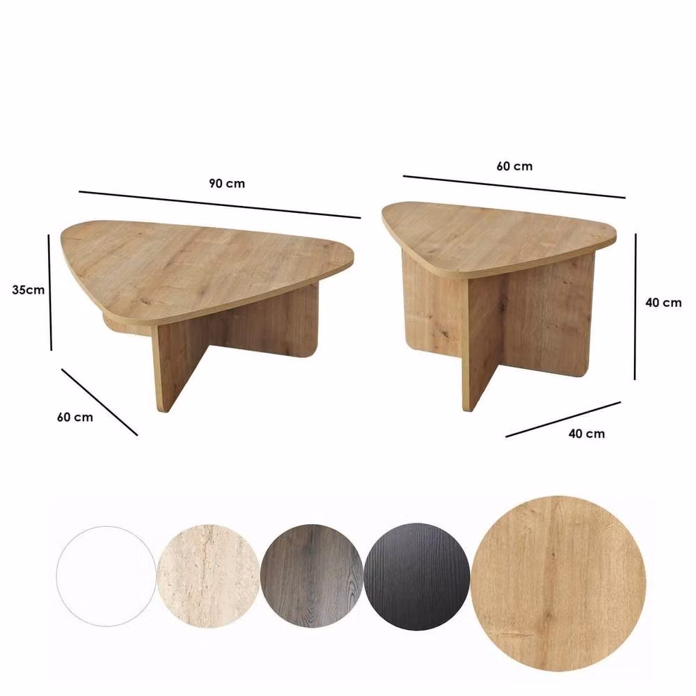 CALICOSY Set of 2 Triangular Coffee Tables with Rounded Edges in Light Oak, W/D/H: 90 x 60 x 35 cm – 3