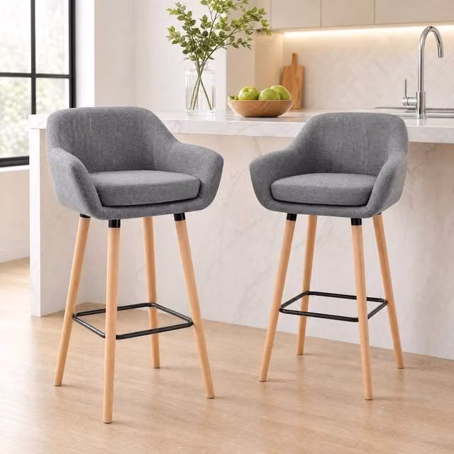 STILVORA Set of 2 Modern Grey Linen Bar Stools with Wooden Structure