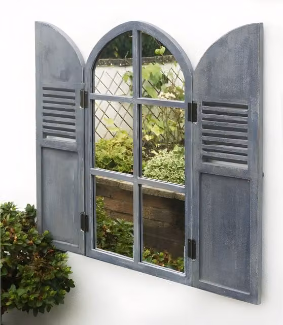 Primrose Vintage Window Arch Design Glass Wall Mirror with Hinged Wooden Shutters in Silver and Grey