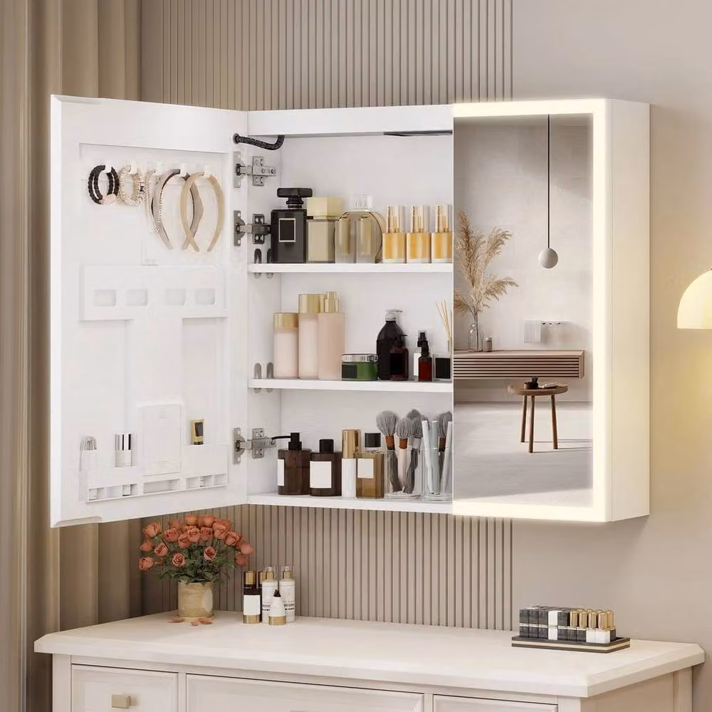 FLAVORA LED Bathroom Mirror Cabinet with Charging Station and Internal Shelves, White – 2