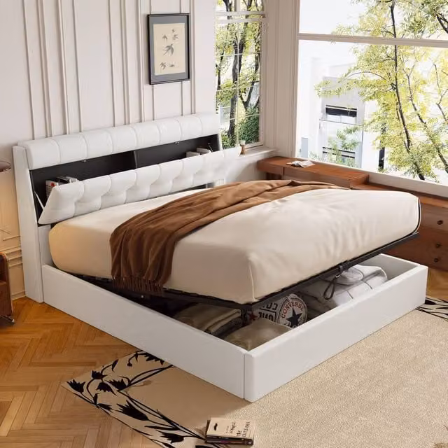 BTM White Upholstered Double Hydraulic Bed with Headboard and Lift Up Storage W/D/H: 140 x 200 x 48.1 cm – 1