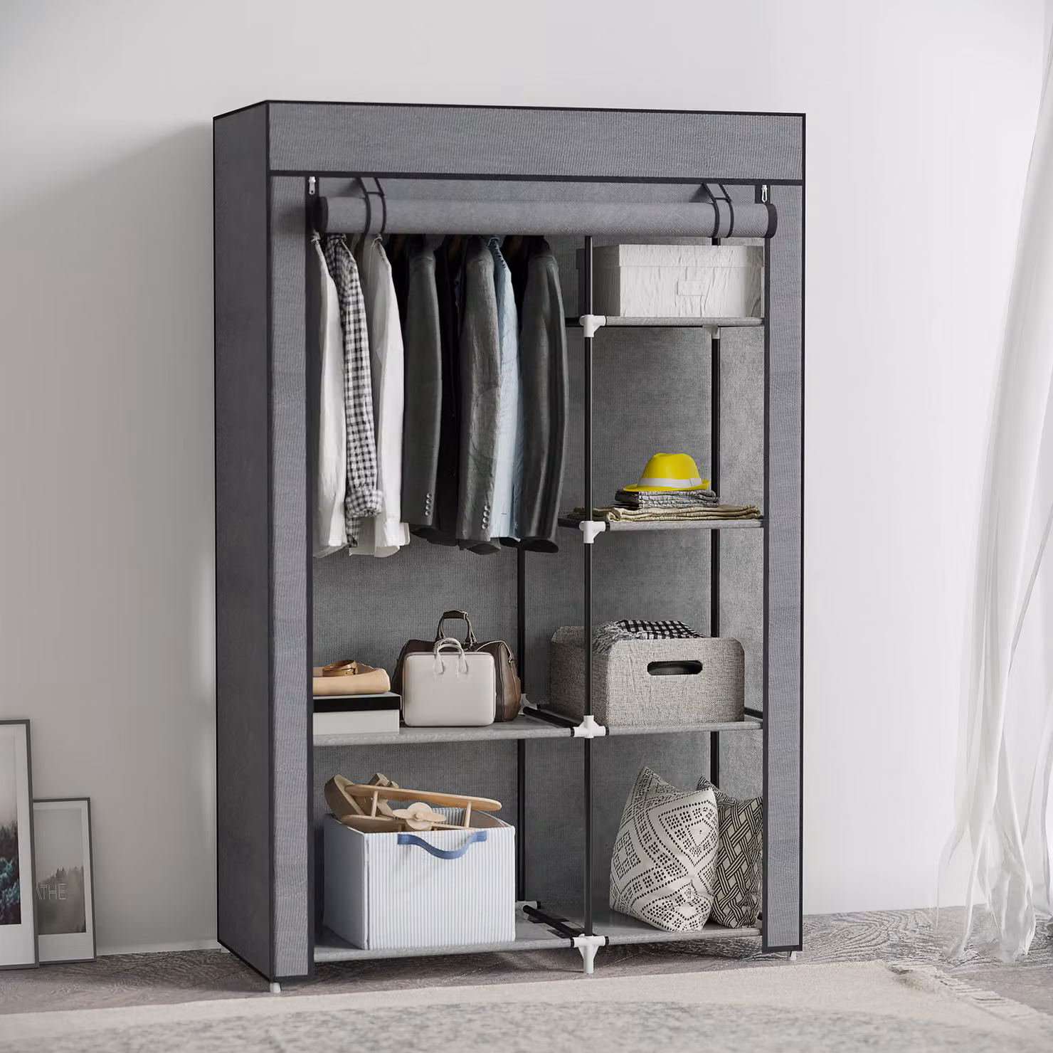 HOMCOM Modern Fabric Wardrobe with Hanging Rail and Six Shelves in Dark Grey, H: 162.5 cm x W: 103.0 cm – 2