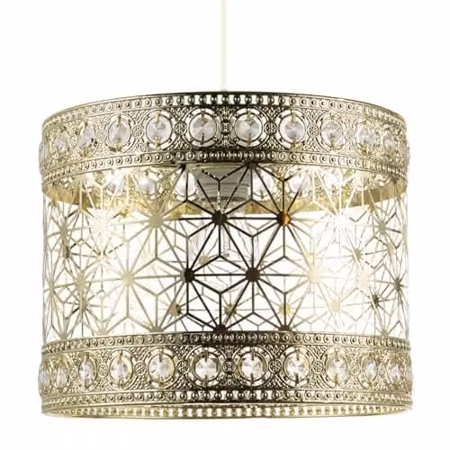 Happy Homewares Moroccan Ceiling Pendant Light Shade in Gold and Transparent with Acrylic Beads, W/D/H: 28 x 28 x 22 cm – 1