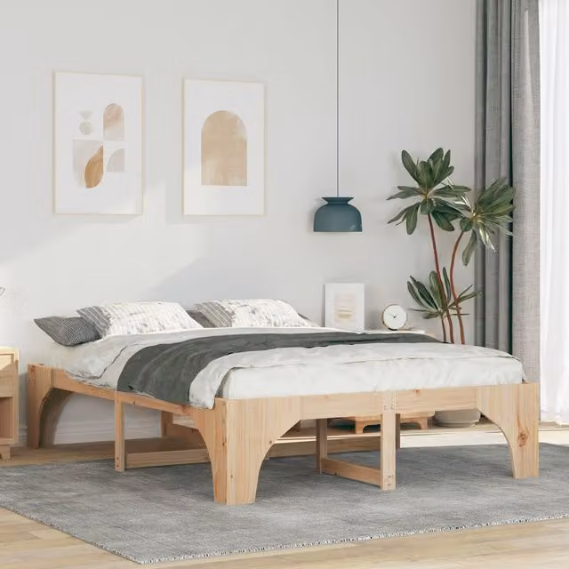 Berkfield Home Floor Bed Frame with Storage in Brown, Solid Pine Wood, W/D/H: 140 x 200 cm