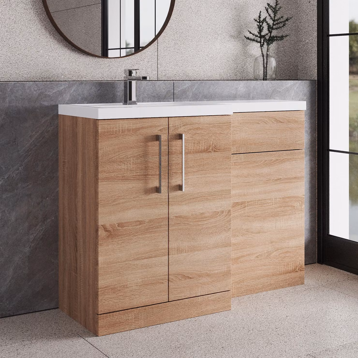 Balterley Left Hand Bathroom Vanity Basin and WC Unit in Bleached Cuneo Oak Brown, W: 110 cm, H: 84 cm – 2