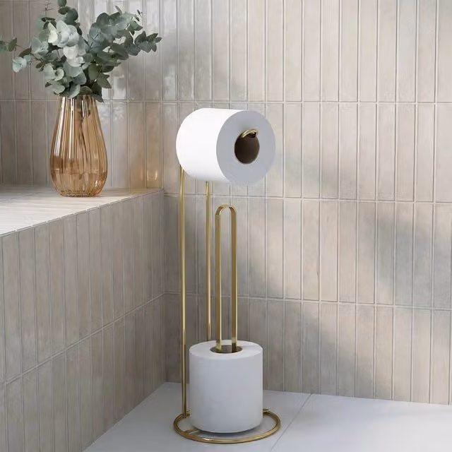 OHS Freestanding Stainless Steel Toilet Roll Holder and Spare Roll Storage Organiser in Gold – 2