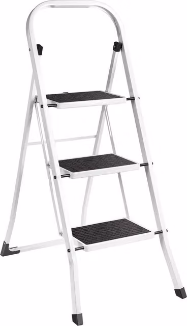 VonHaus 3 Step Steel Folding Step Ladder with Anti Slip Rubber Feet, White