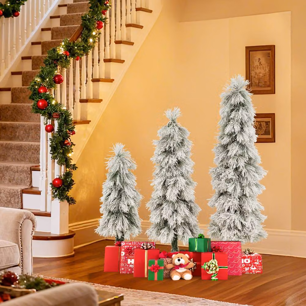 Gymax 3-Piece Pre-lit Snow Flocked Christmas Tree Set in Green and White – 4
