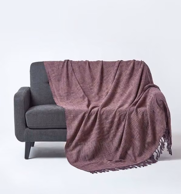 Homescapes Nirvana Slub Cotton Woven Throw in Mauve, W/D: 225 x 255 cm – 1