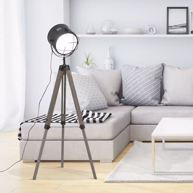HOMCOM Industrial Tripod Floor Lamp in Grey with Wood Accents