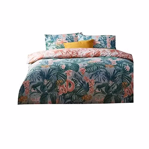 Riva Home Medinilla Reversible Floral Double Duvet Cover and Pillowcase Set, Cotton/Polyester, Green, Pink and Multicolour, Duvet Cover: 140 x 200 cm, Pillowcase: 50 x 75 cm – 1