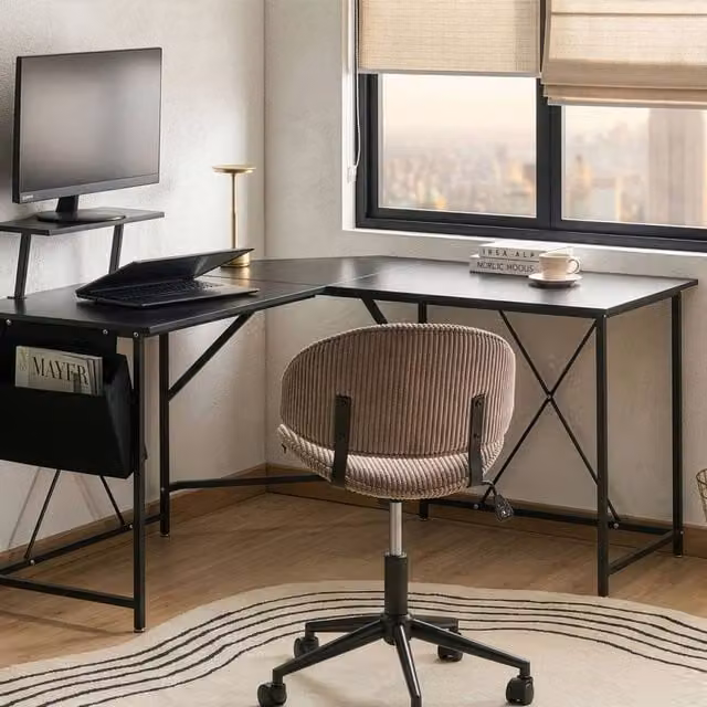 Wyld and Coco L-Shaped Corner Desk with Raised Monitor Stand in Black – 1