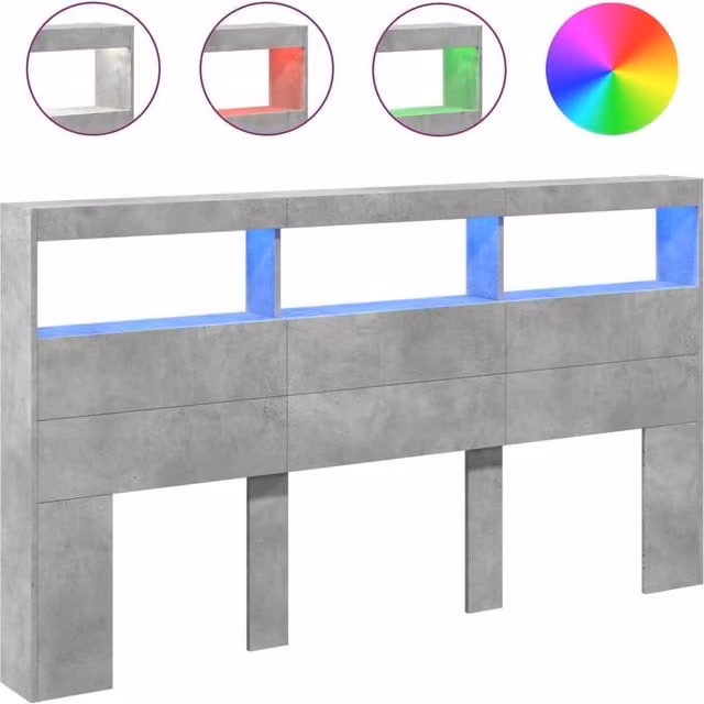 Berkfield Home Modern Wall Mount Headboard Cabinet with LED Lighting and USB Charging Port in Matt Concrete Grey, W: 180 cm, D: 17 cm, H: 102 cm