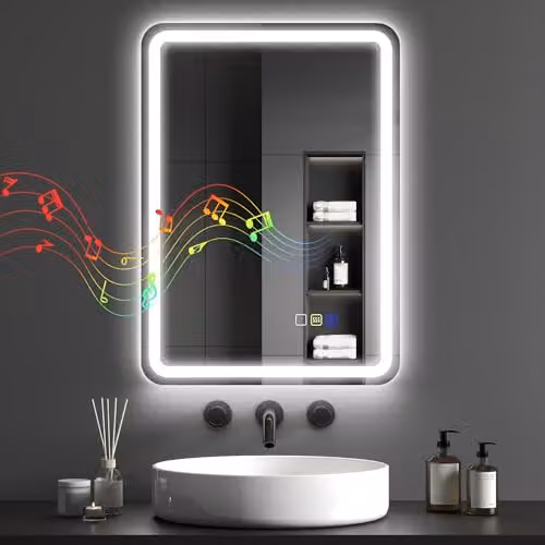 HOMCOM Silver Illuminated Bluetooth Bathroom Mirror with LED Lights and Anti-Fog Function W: 50 cm, H: 70 cm – 1