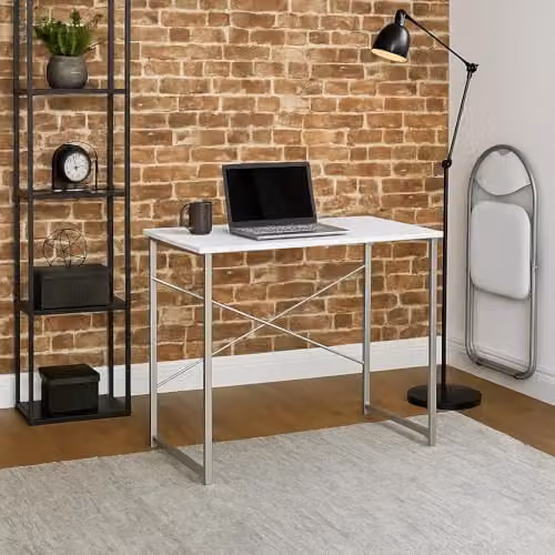 Harbour Housewares Modern White and Silver Computer Desk with Wood and Metal Finish – 2