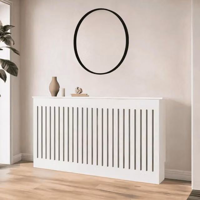 Home Source White Lacquered MDF Concealed Radiator Cover with Striped Design, Width: 170 cm