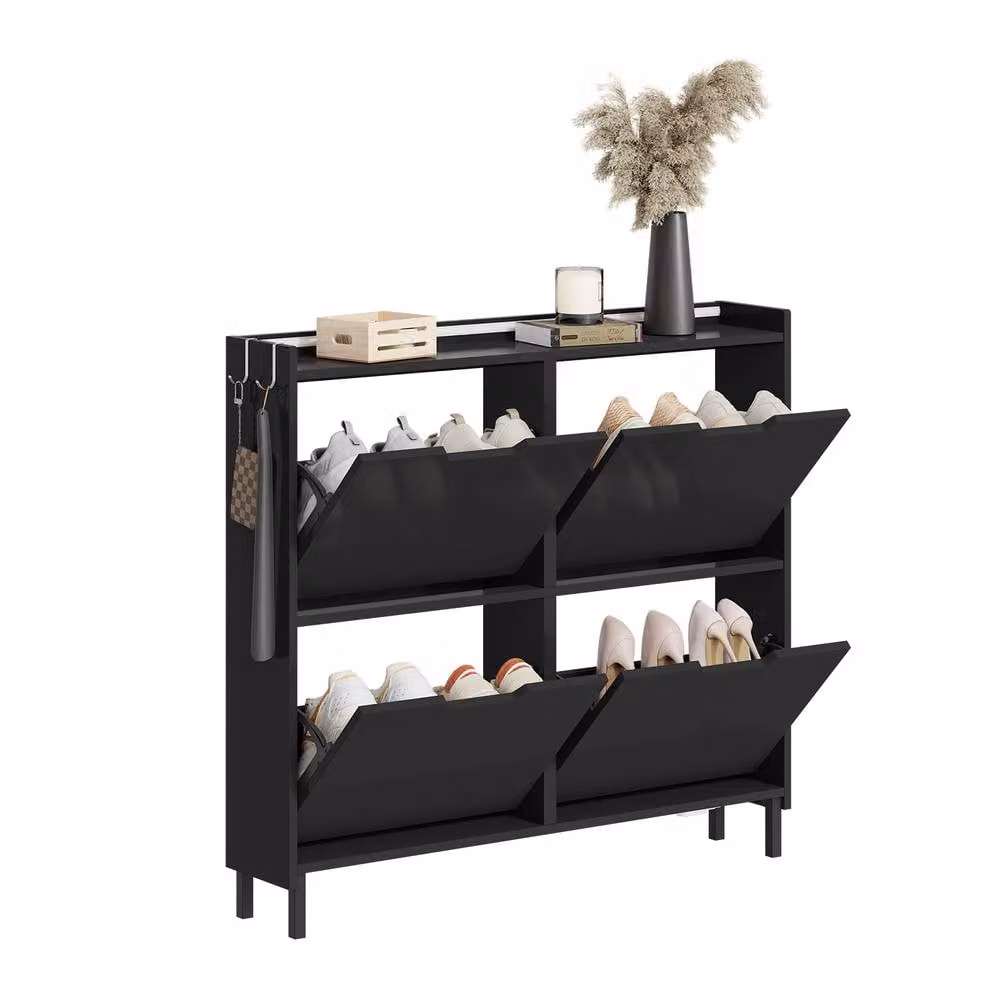 SoBuy Slim Black Matt Shoe Cabinet with Tilting Compartments and Integrated Lighting – 3