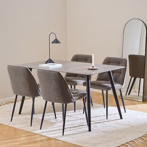 Furniture To Go Wicklow Rectangular Ceramic Dining Table in Grey and Black with 4 Brooke Dining Chairs in Taupe, W: 140 cm, D: 75 cm, H: 75 cm