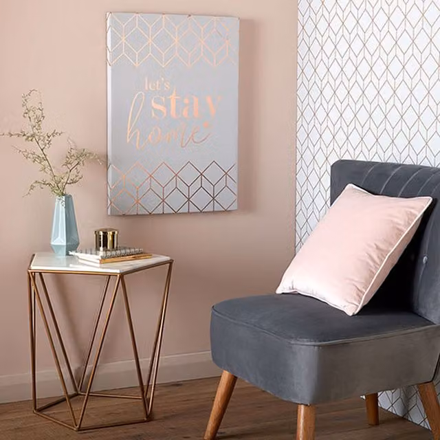 Art for the Home Lets Stay Home Metallic Typography Canvas in Grey and Gold