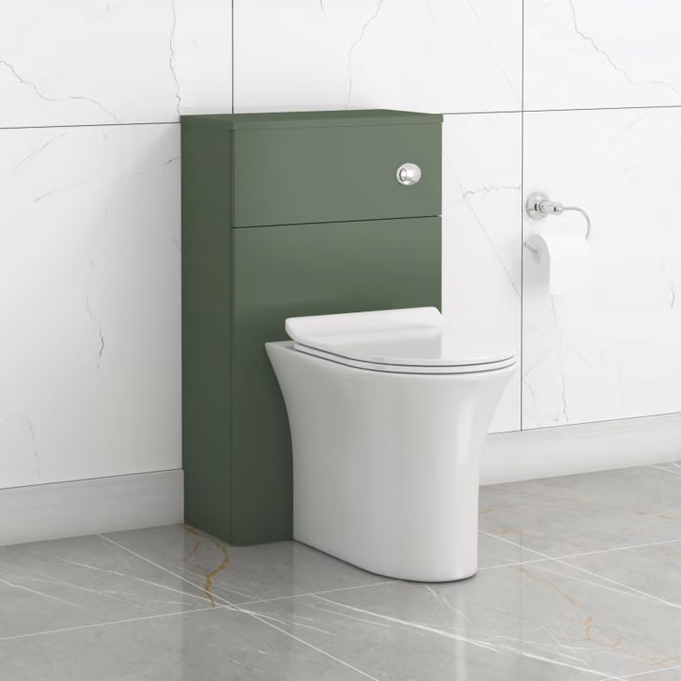 Royal Bathrooms Turin Matte Green WC Unit with Breeze Rimless Ceramic Toilet Pan, Slim Seat and Cistern, Width: 50 cm