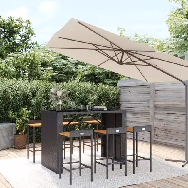 Berkfield Home 7 Piece Garden Bar Set in Black Poly Rattan and Solid Acacia Wood – 1