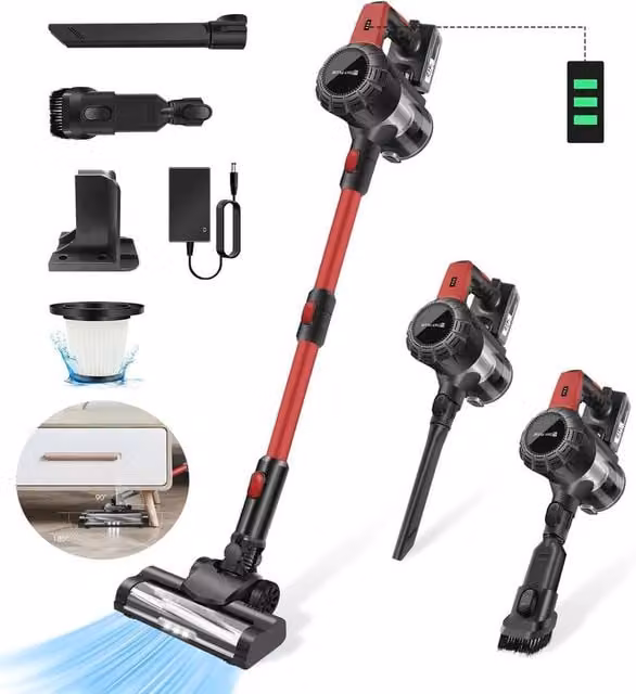 SPETLEK 6000W Cordless Bagless Upright Vacuum Cleaner in Black with LED Headlight and Washable Filter
