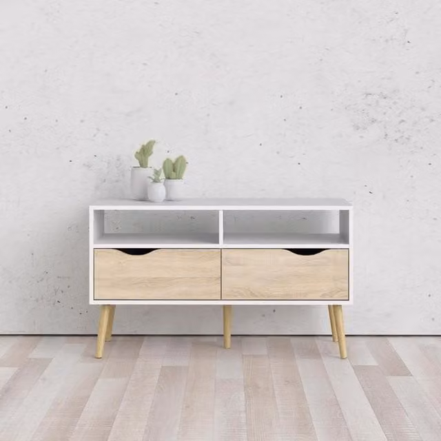 FWStyle Large 2 Drawer Retro Inspired Modern TV Unit in Matt White Oak - White