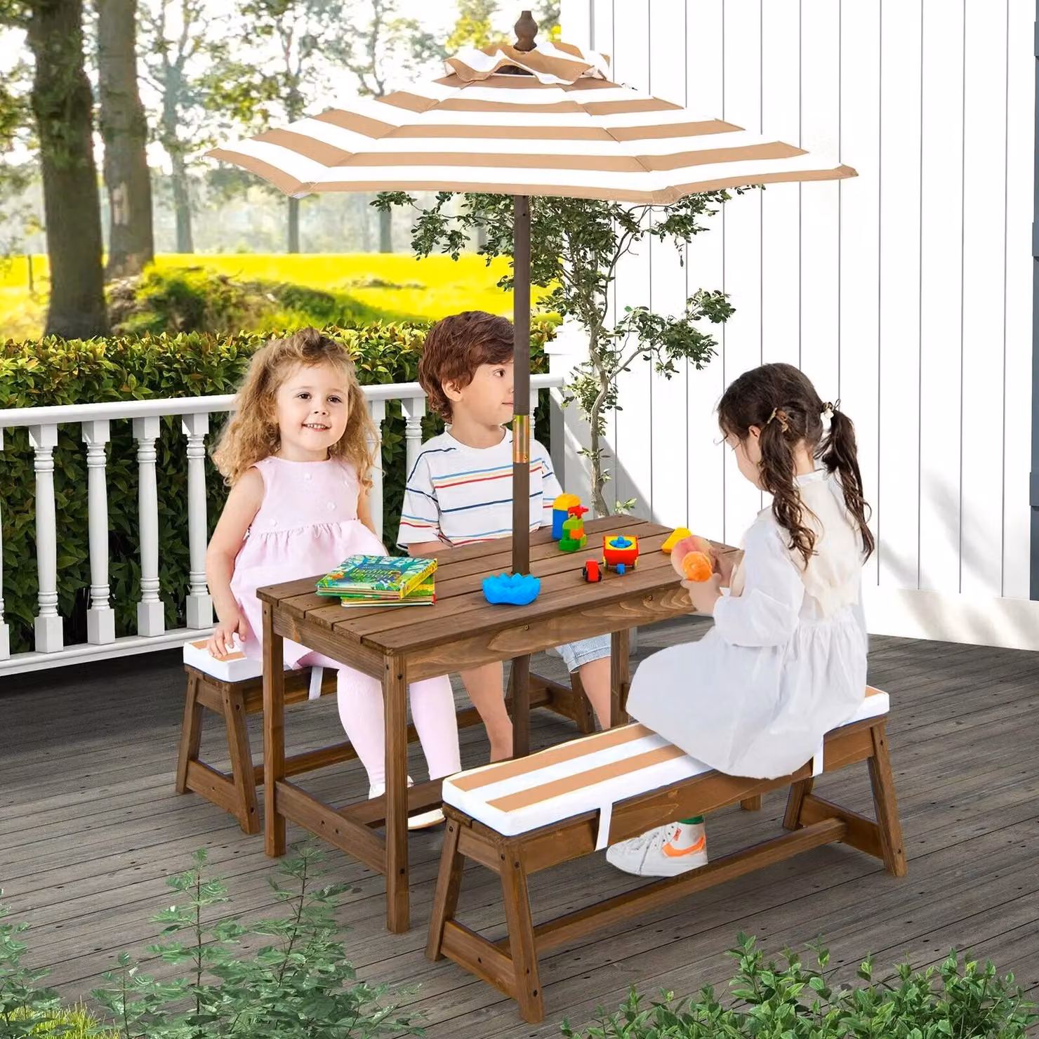 Costway 4 Piece Wooden Kids Picnic Table and Bench Set with Umbrella in Brown and Multicolour – 2