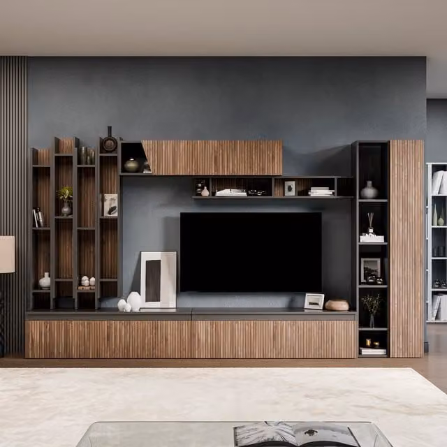 Decorotika Wien Wall Mounted Entertainment Center with Lowboard, Tall Unit and Open Shelf in Brown