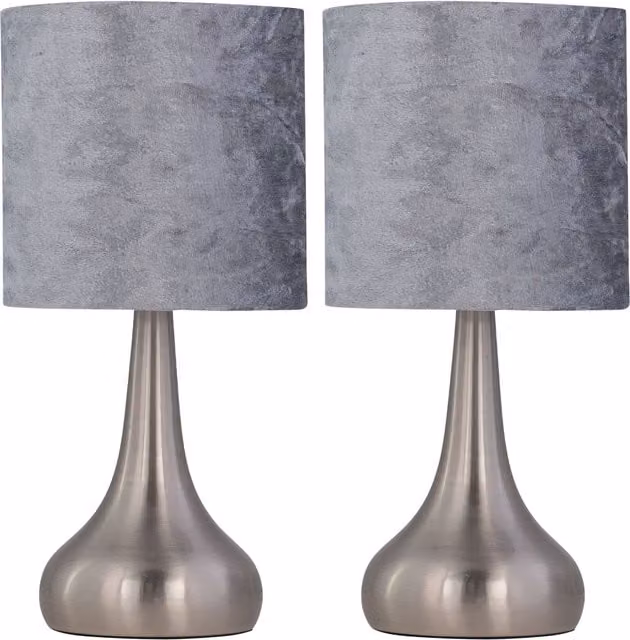 First Choice Lighting Romana Set of 2 Brushed Chrome Touch Table Lamps with Grey Fabric Shades – 1