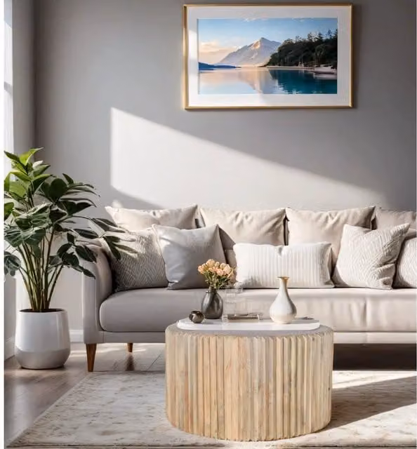 IH Design Paloma Round Carved Mango Wood Coffee Table in Brown