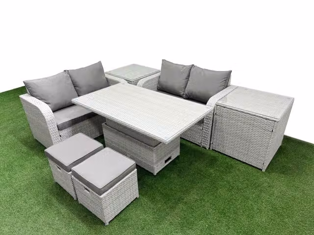 Fimous 6 Seater Rattan Garden Furniture Set in Light Grey with L-Shape Sofa, Adjustable Dining or Coffee Table, 2 Stools and 2 Side Tables