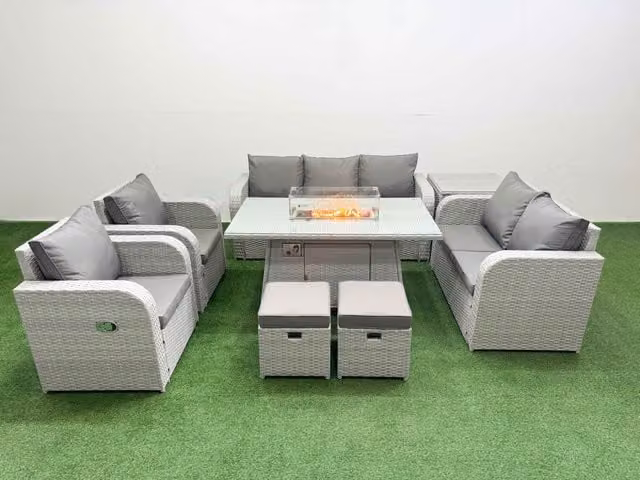Fimous Grey PE Rattan Garden Furniture Set with Reclining Chairs, Double Love Seat, Firepit Dining Table and 2 Stools