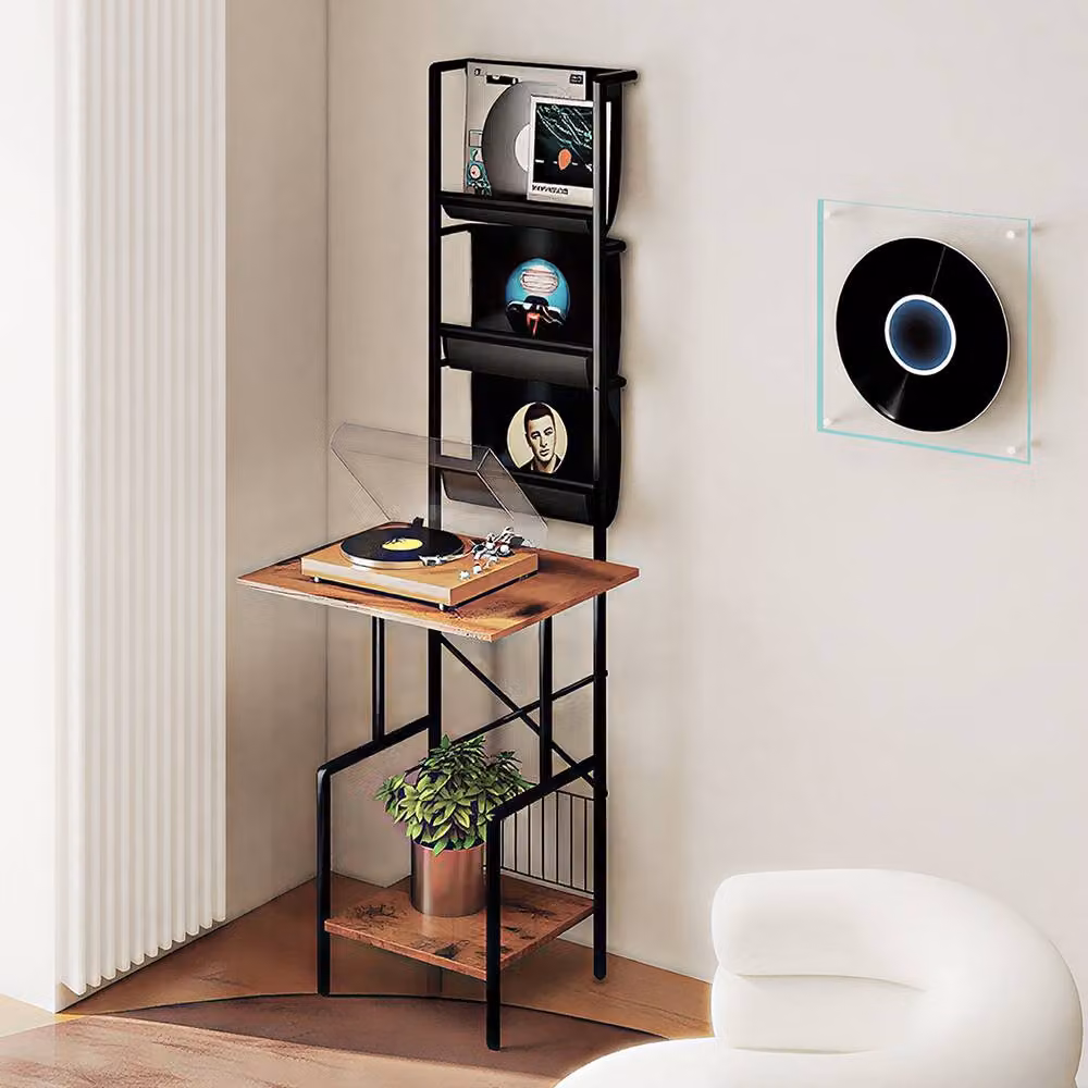 Levede Freestanding Vinyl Record Storage Cabinet with 2 Shelves and 3 Fabric Racks in Brown and Black – 2